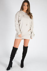 Beige Distressed Detail Sweatshirt Jumper Dress - Ivy-Jumper