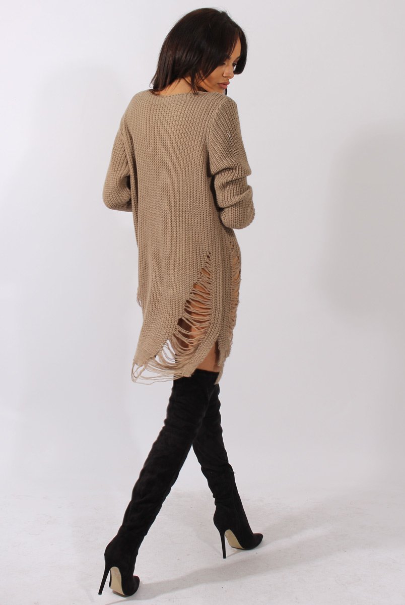Beige Distressed Jumper Dress - Kim Rebellious Fashion Beige Distressed Jumper Dress - Kim Rebellious Fashion