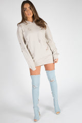 Beige Distressed Oversized Hoodie - Khloe-Loungewear