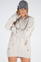 Beige Distressed Oversized Hoodie - Khloe-Loungewear