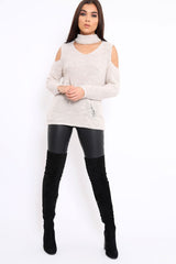 Beige Distressed Pearl Chunky Knit Jumper - Narla-Jumper
