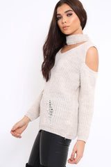 Beige Distressed Pearl Chunky Knit Jumper - Narla-Jumper