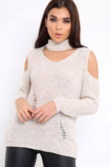 Beige Distressed Pearl Chunky Knit Jumper - Narla-Jumper