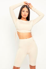 Beige Double Layer Ruched Top and Cycling Shorts Co-ord - Gwen-Co-ords