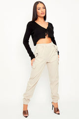 Beige Elasticated Waist Cargo Trousers - Yalina-Trousers