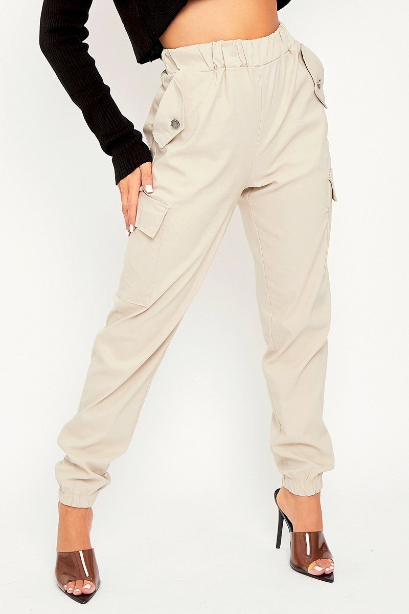 Beige Elasticated Waist Cargo Trousers - Yalina-Trousers