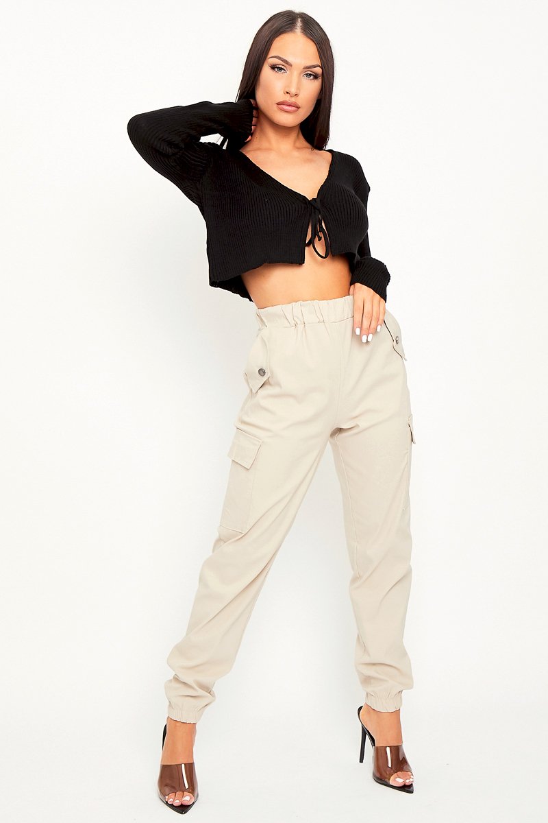 Beige Elasticated Waist Cargo Trousers - Yalina-Trousers
