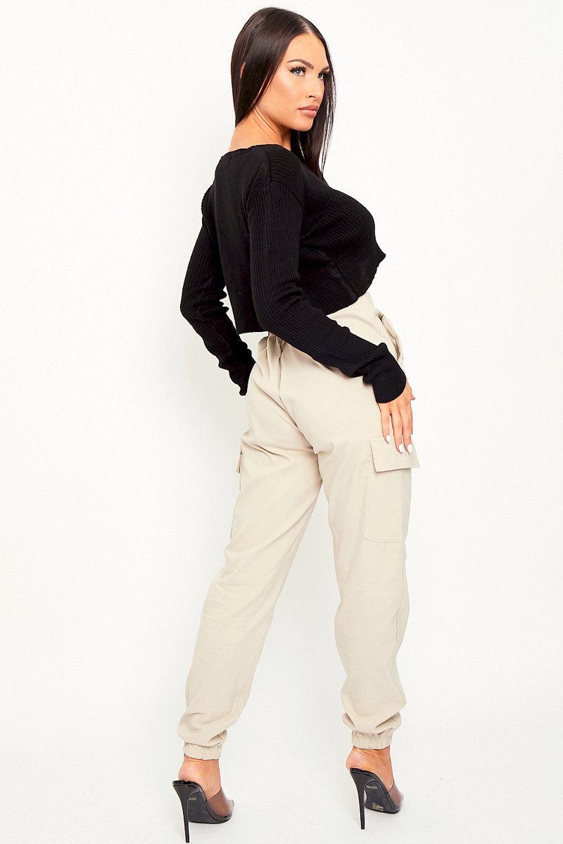 Beige Elasticated Waist Cargo Trousers - Yalina-Trousers