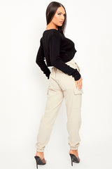 Beige Elasticated Waist Cargo Trousers - Yalina-Trousers