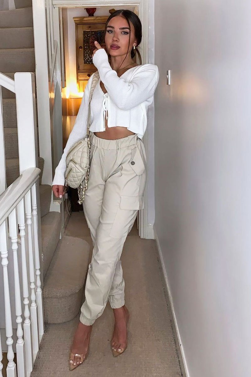 Beige Elasticated Waist Cargo Trousers - Yalina-Trousers