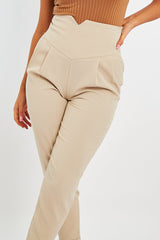 Beige Extreme High Waist Tailored Trouser - Yaz-Trousers