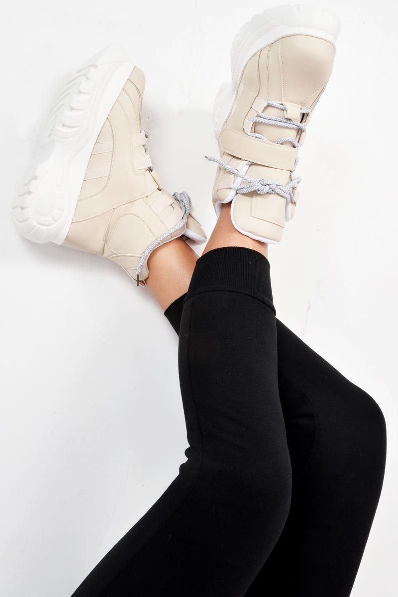 Beige Extreme Sole Chunky Lace Up Boots - Jaxson-Boots