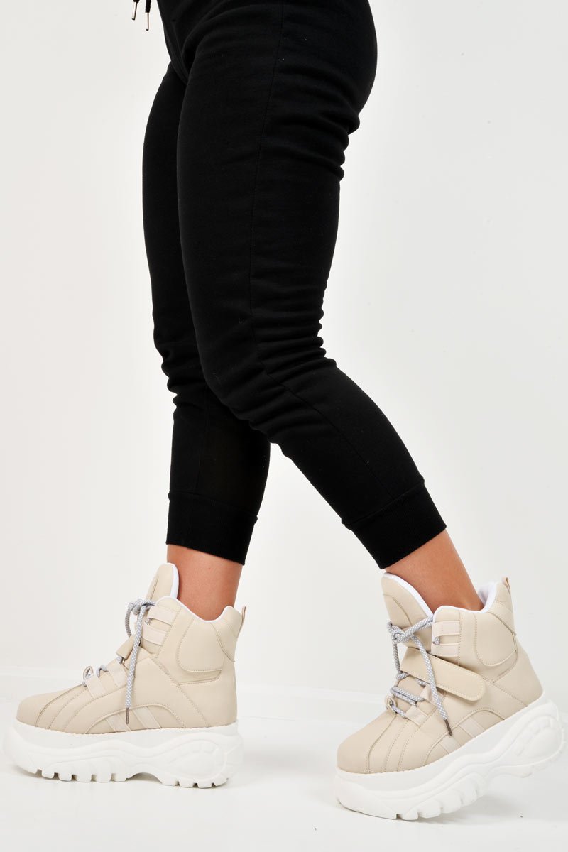 Beige Extreme Sole Chunky Lace Up Boots - Jaxson-Boots