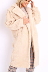 Beige Faux Fur Button Front Teddy Coat - Aamna-Coats
