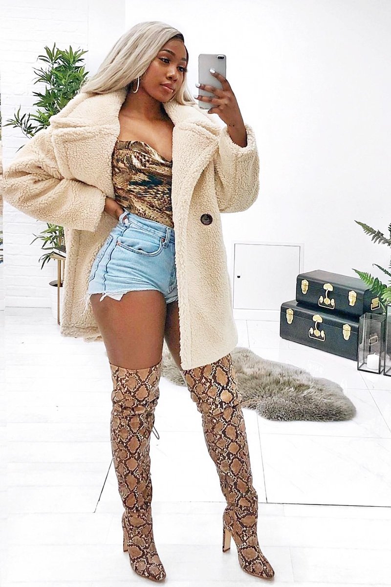 Beige Faux Fur Button Front Teddy Coat - Aamna-Coats