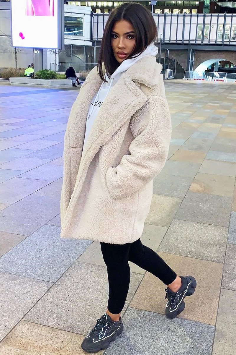 Beige Faux Fur Button Front Teddy Coat - Aamna-Coats