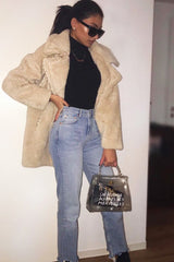 Beige Faux Fur Button Front Teddy Coat - Aamna-Coats