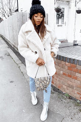 Beige Faux Fur Button Front Teddy Coat - Aamna-Coats