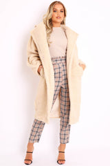 Beige Faux Fur Button Front Teddy Coat - Aamna-Coats
