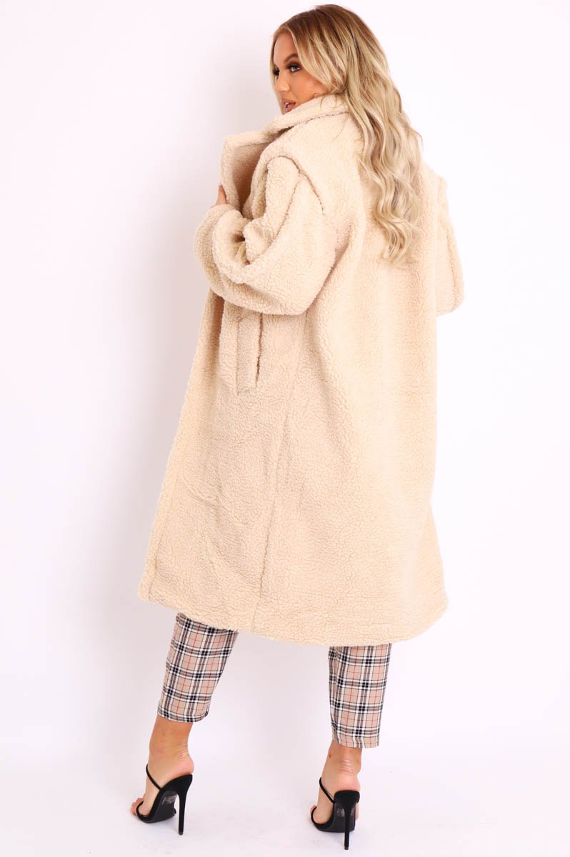Beige Faux Fur Button Front Teddy Coat - Aamna-Coats