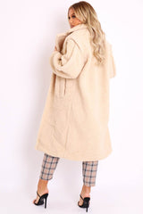 Beige Faux Fur Button Front Teddy Coat - Aamna-Coats