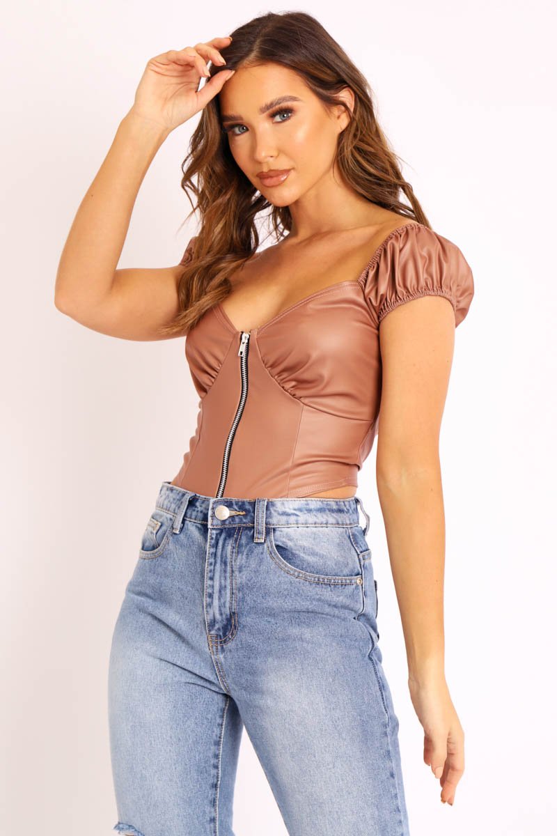 Beige Faux Leather Corset Style Crop Top - Julisa-Crop Tops