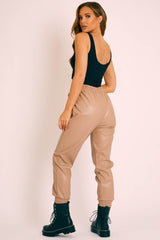 Beige Faux Leather Drawstring Waist Joggers - Persia-Joggers