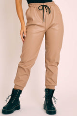 Beige Faux Leather Drawstring Waist Joggers - Persia-Joggers