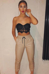 Beige Faux Leather Drawstring Waist Joggers - Persia-Joggers