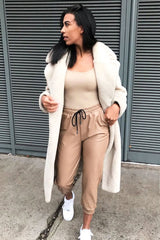 Beige Faux Leather Drawstring Waist Joggers - Persia-Joggers