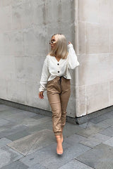 Beige Faux Leather Drawstring Waist Joggers - Persia-Joggers