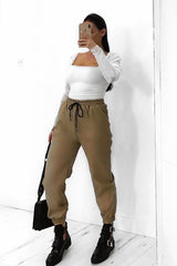 Beige Faux Leather Drawstring Waist Joggers - Persia-Joggers