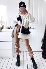 Beige Faux Leather Drawstring Waist Joggers - Persia-Joggers