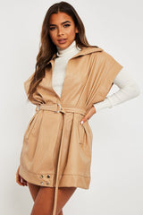 Beige Faux Leather Plunge Belted Dress - Jaice-Dresses