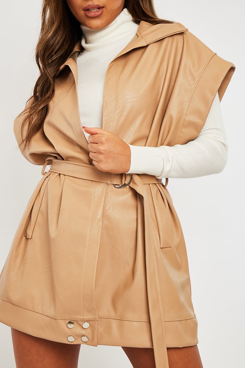 Beige Faux Leather Plunge Belted Dress - Jaice Rebellious Fashion Beige Faux Leather Plunge Belted Dress - Jaice Rebellious Fashion