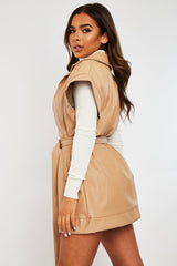 Beige Faux Leather Plunge Belted Dress - Jaice-Dresses