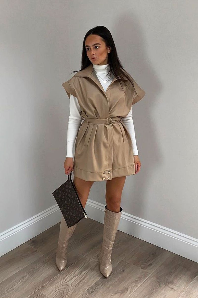 Beige Faux Leather Plunge Belted Dress - Jaice-Dresses
