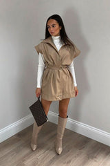 Beige Faux Leather Plunge Belted Dress - Jaice-Dresses