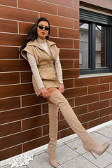 Beige Faux Leather Plunge Belted Dress - Jaice-Dresses