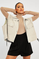 Beige Faux Leather Sleeveless Gilet Jacket - Kierstan-Jackets