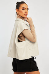 Beige Faux Leather Sleeveless Gilet Jacket - Kierstan-Jackets