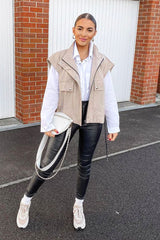Beige Faux Leather Sleeveless Gilet Jacket - Kierstan-Jackets