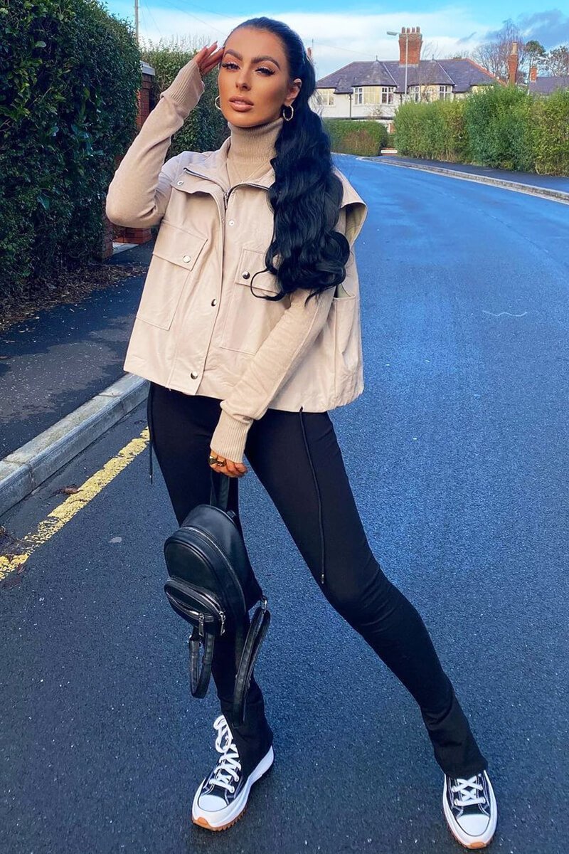 Beige Faux Leather Sleeveless Gilet Jacket - Kierstan-Jackets