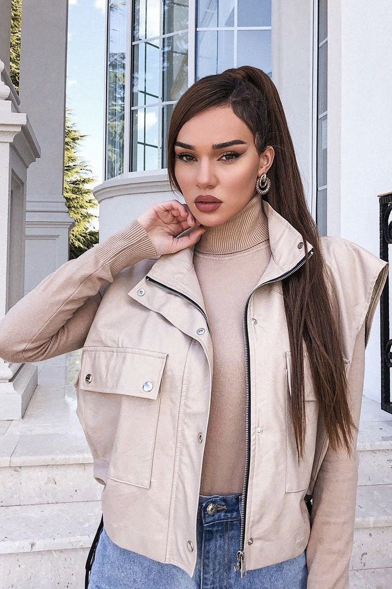 Beige Faux Leather Sleeveless Gilet Jacket - Kierstan-Jackets