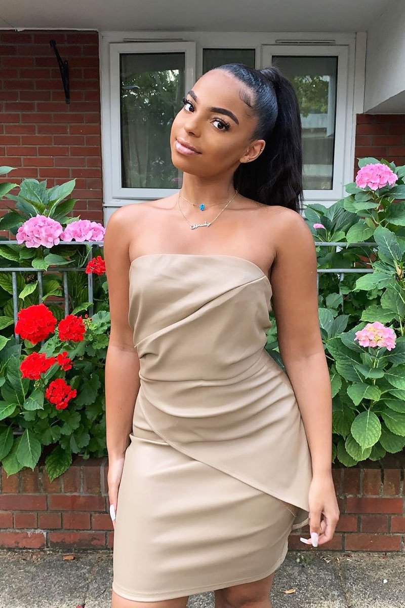 Beige Faux Leather Strapless Dress - Karah Rebellious Fashion Beige Faux Leather Strapless Dress - Karah Rebellious Fashion
