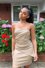 Beige Faux Leather Strapless Dress - Karah-Dresses