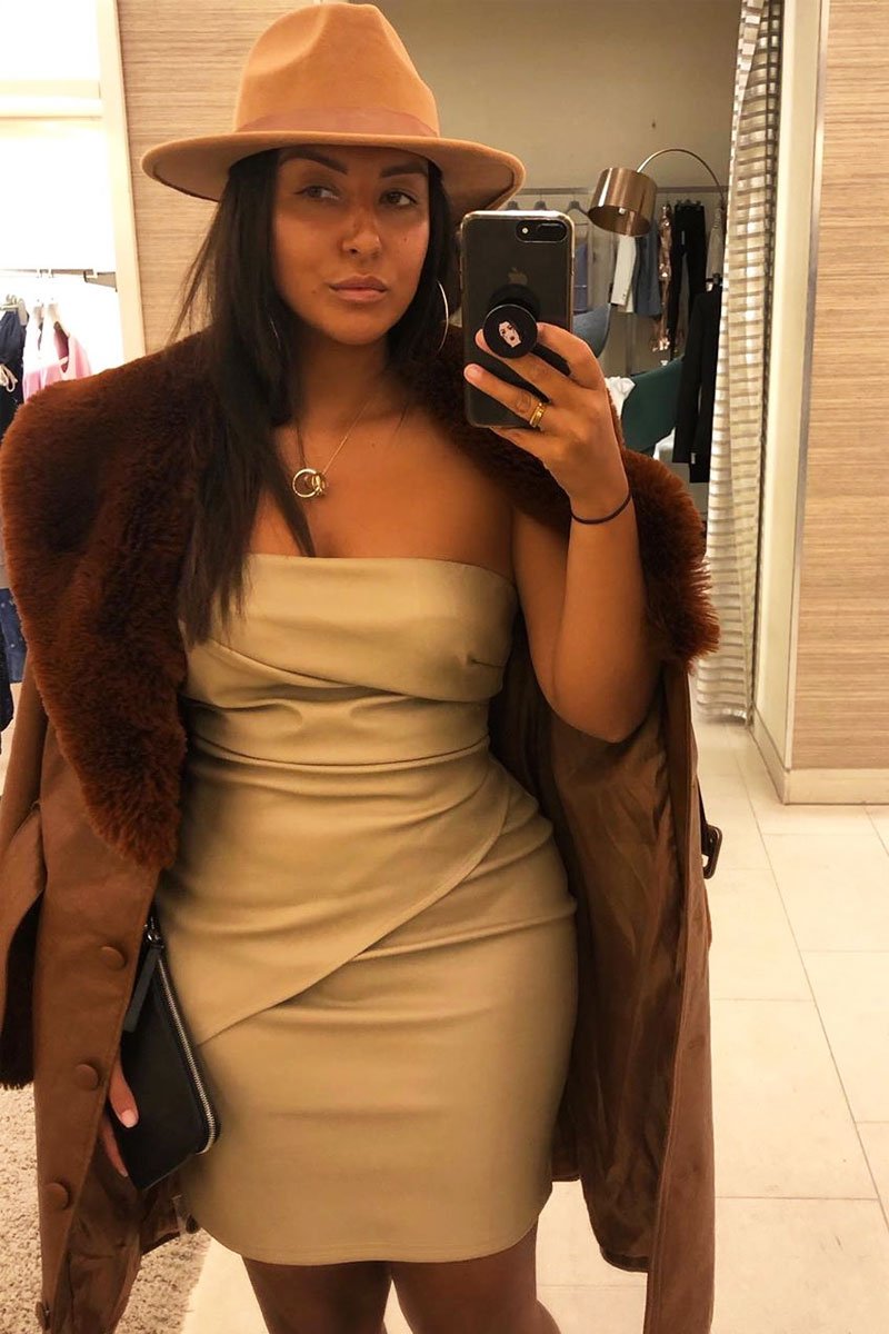 Beige Faux Leather Strapless Dress - Karah Rebellious Fashion Beige Faux Leather Strapless Dress - Karah Rebellious Fashion