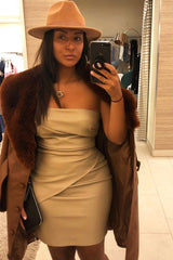 Beige Faux Leather Strapless Dress - Karah-Dresses