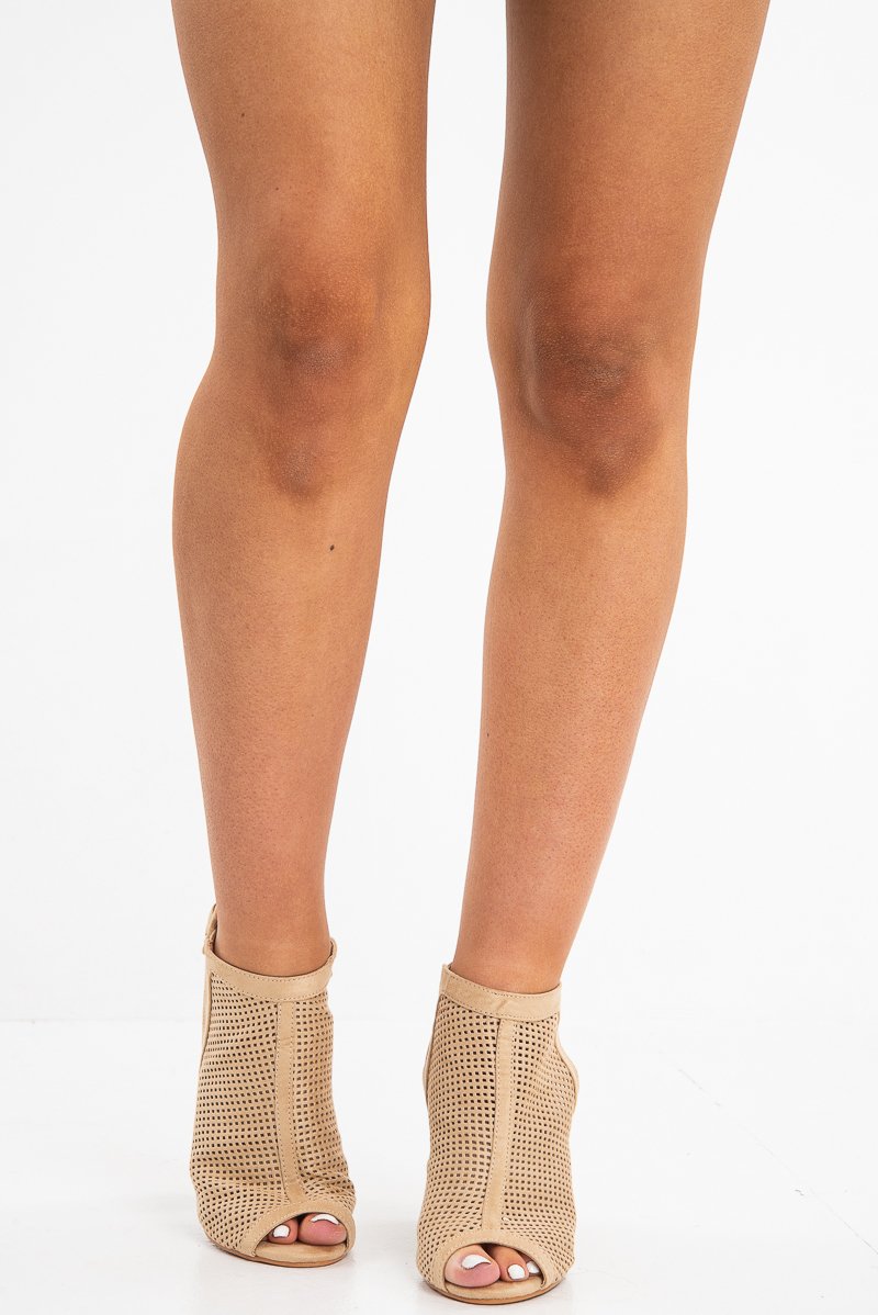 Beige Faux Suede Cage Front Block Heels - Shannon-Heels