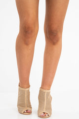 Beige Faux Suede Cage Front Block Heels - Shannon-Heels